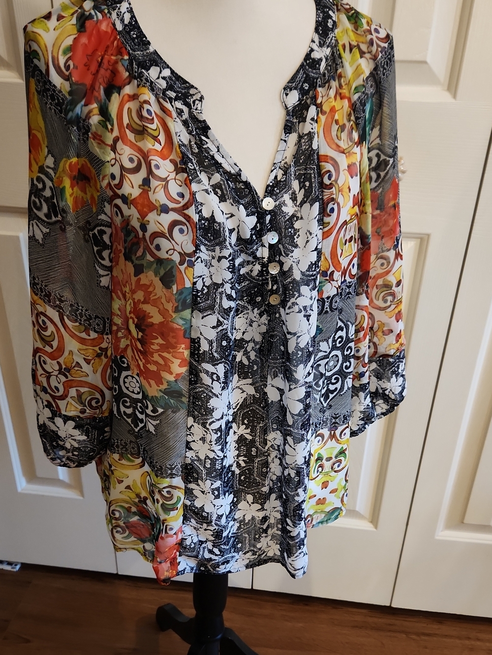 Sheer Floral Patchwork Tunic Blouse - Black, White & Multi